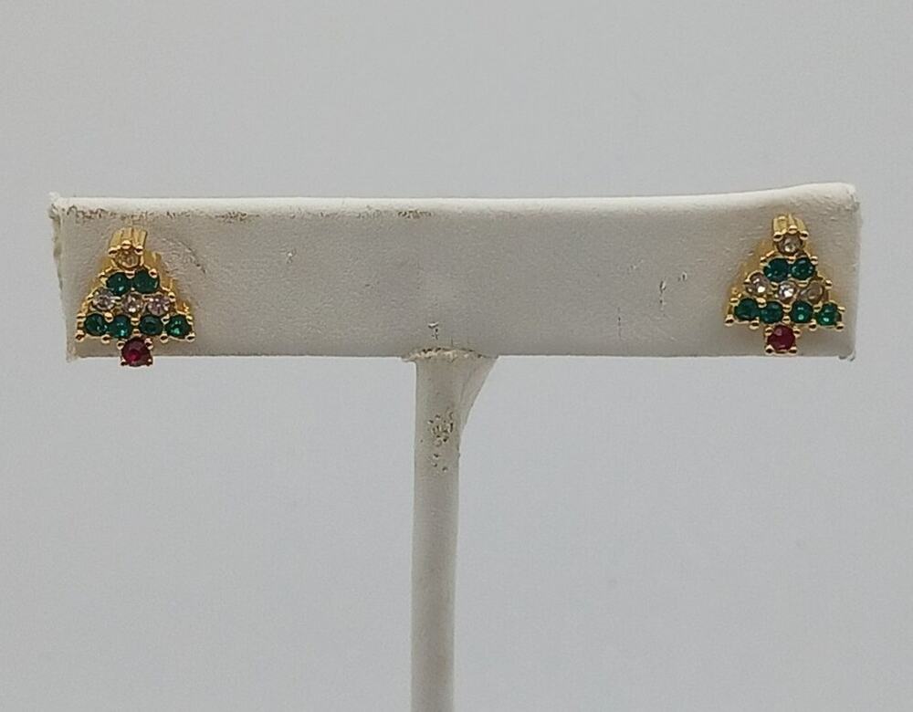 Christmas Tree Stud Earrings Gold Tone Green White Red Rhinestone Holiday